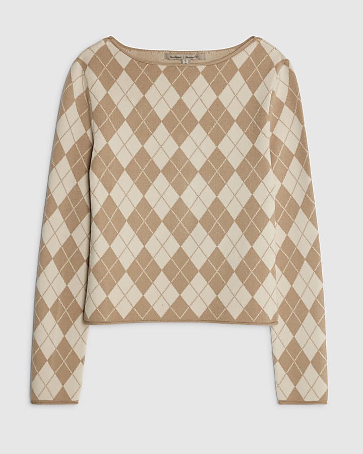river island Beige Knitted Argyle Long Sleeve Top