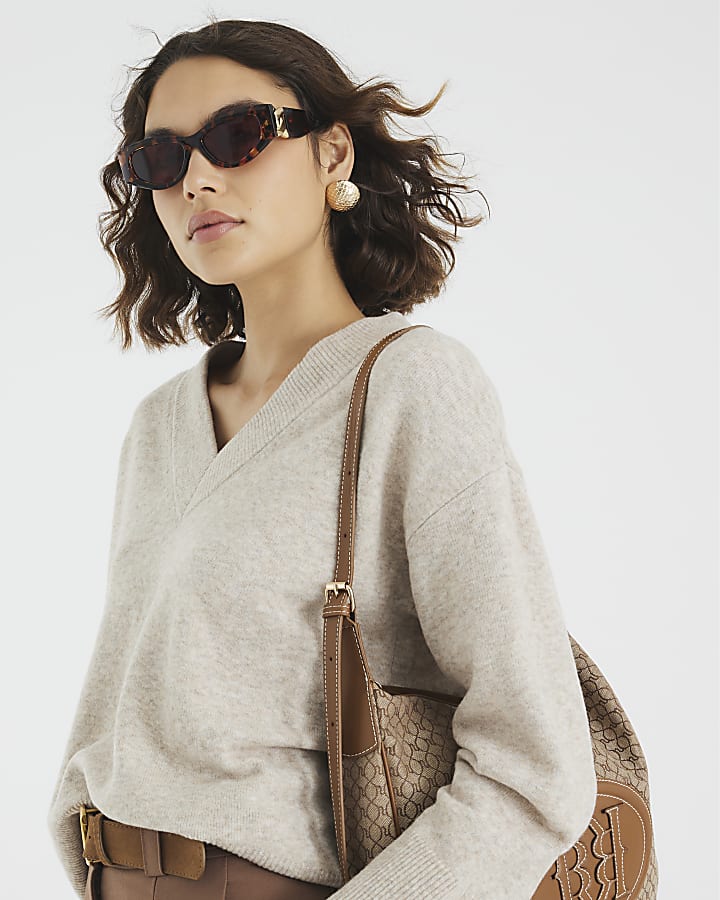 River Island Beige Knitted V Neck Jumper