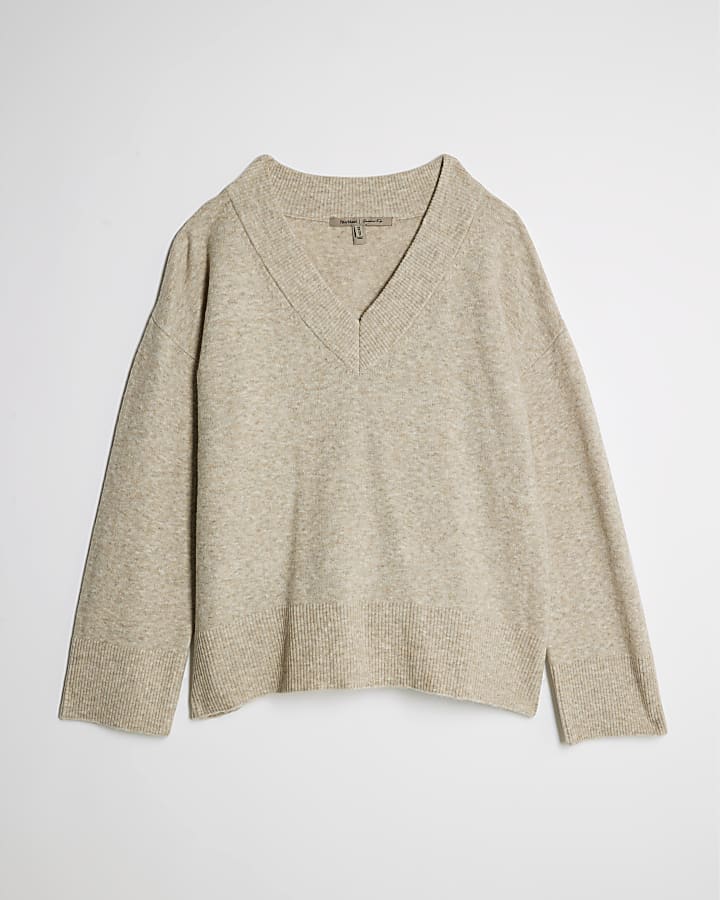 river island Beige Knitted V Neck Jumper