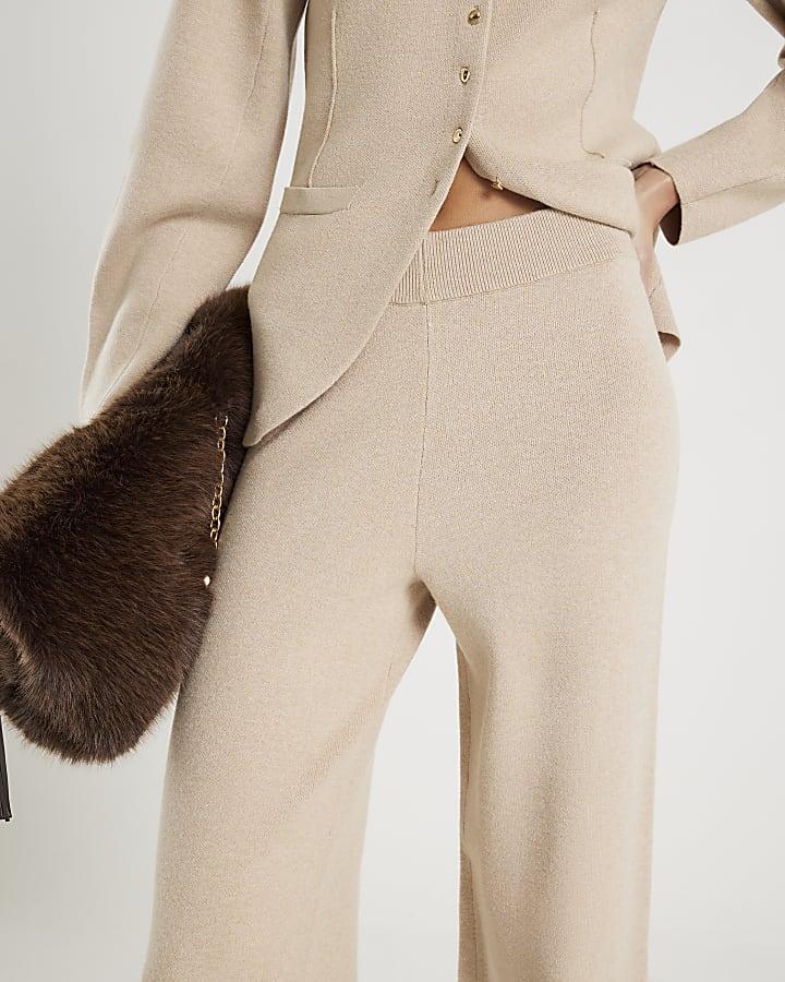 River Island Beige Knitted Wide Leg Trousers