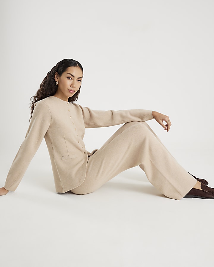 River Island Beige Knitted Wide Leg Trousers