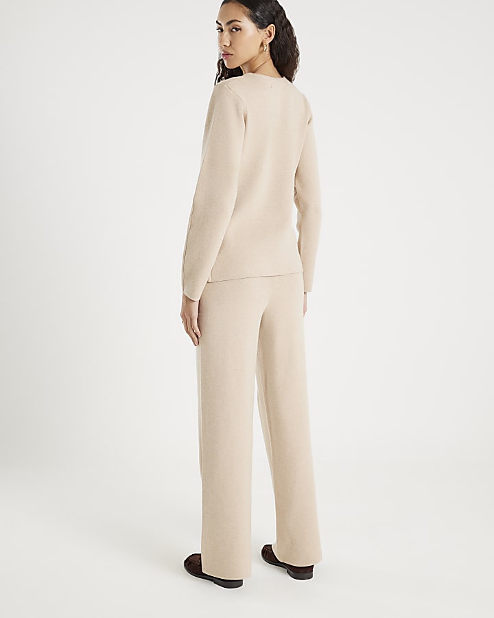 River Island Beige Knitted Wide Leg Trousers