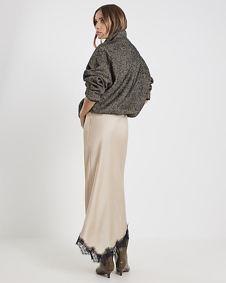 River Island Beige Lace Trim Satin Midi Skirt