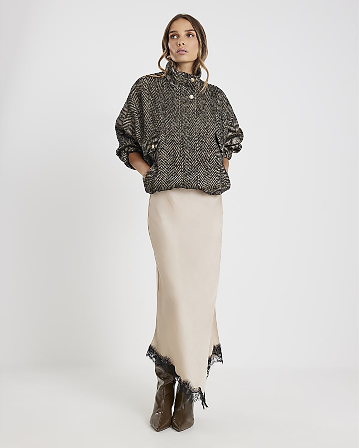 River Island Beige Lace Trim Satin Midi Skirt