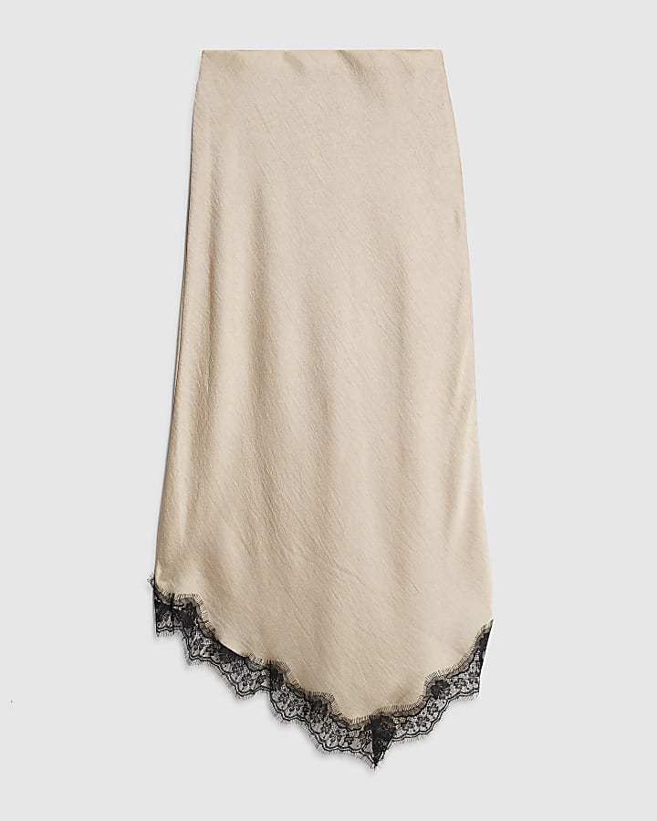 river island Beige Lace Trim Satin Midi Skirt