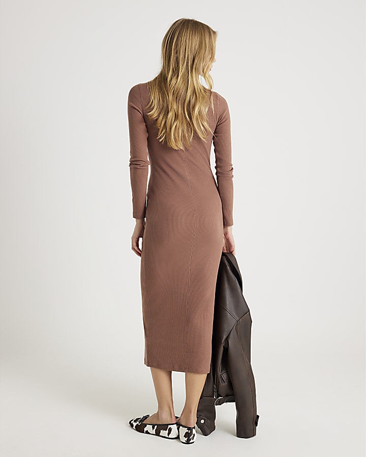 River Island Beige Long Sleeve Ribbed Midi Dress