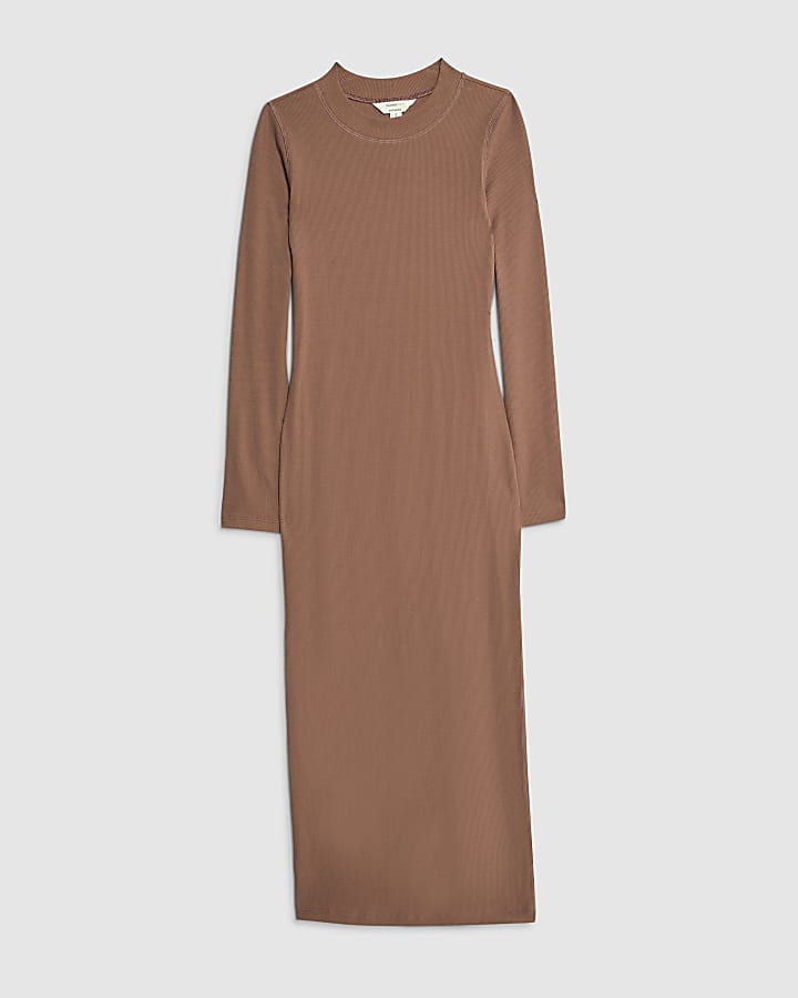 river island Beige Long Sleeve Ribbed Midi Dress