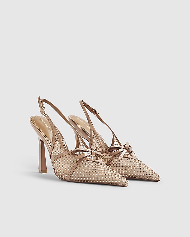 River Island Beige Mesh Bow Sling Back Heels