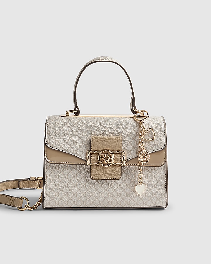 River Island Beige Monogram Panelled Mini Tote Bag