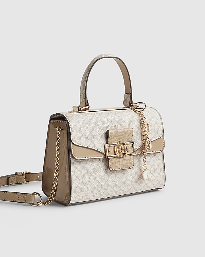 River Island Beige Monogram Panelled Mini Tote Bag