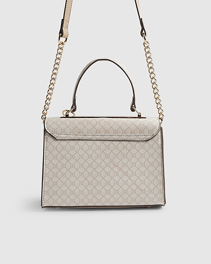 River Island Beige Monogram Panelled Mini Tote Bag