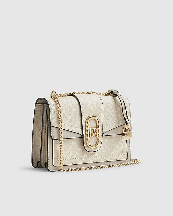 River Island Beige Monogram Panelled Shoulder Bag