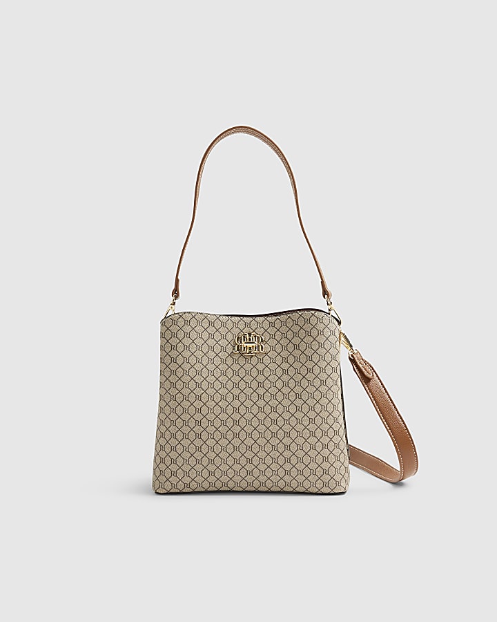 River Island Beige Monogram Print Bucket Bag