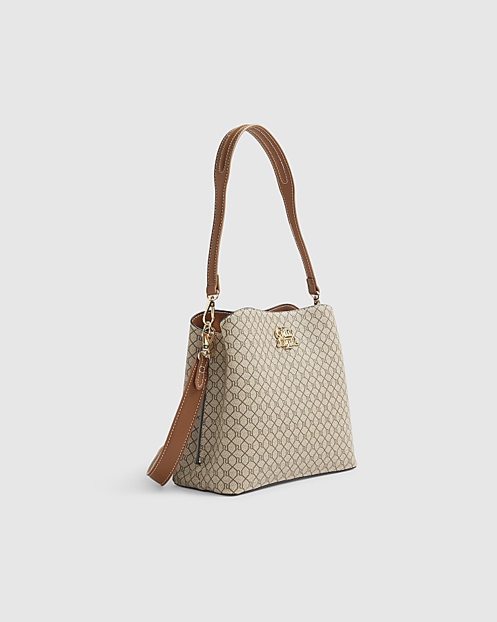 River Island Beige Monogram Print Bucket Bag