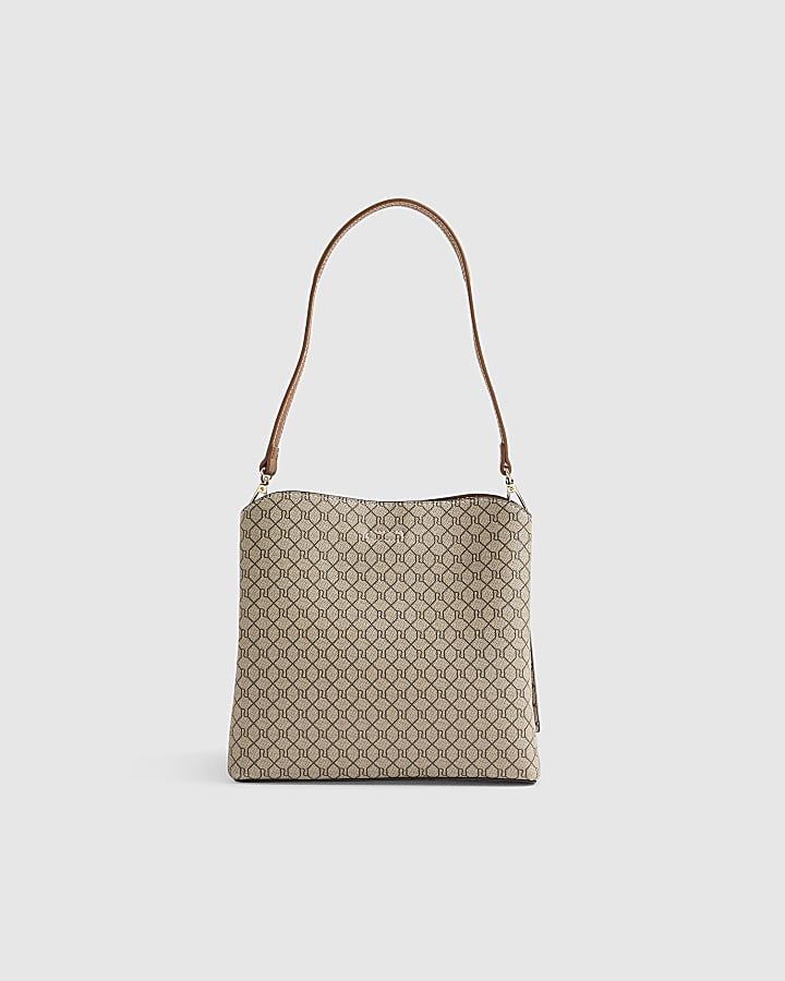 River Island Beige Monogram Print Bucket Bag