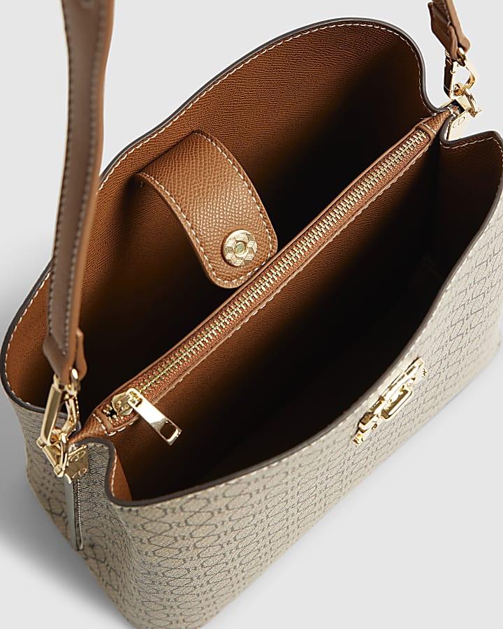river island Beige Monogram Print Bucket Bag