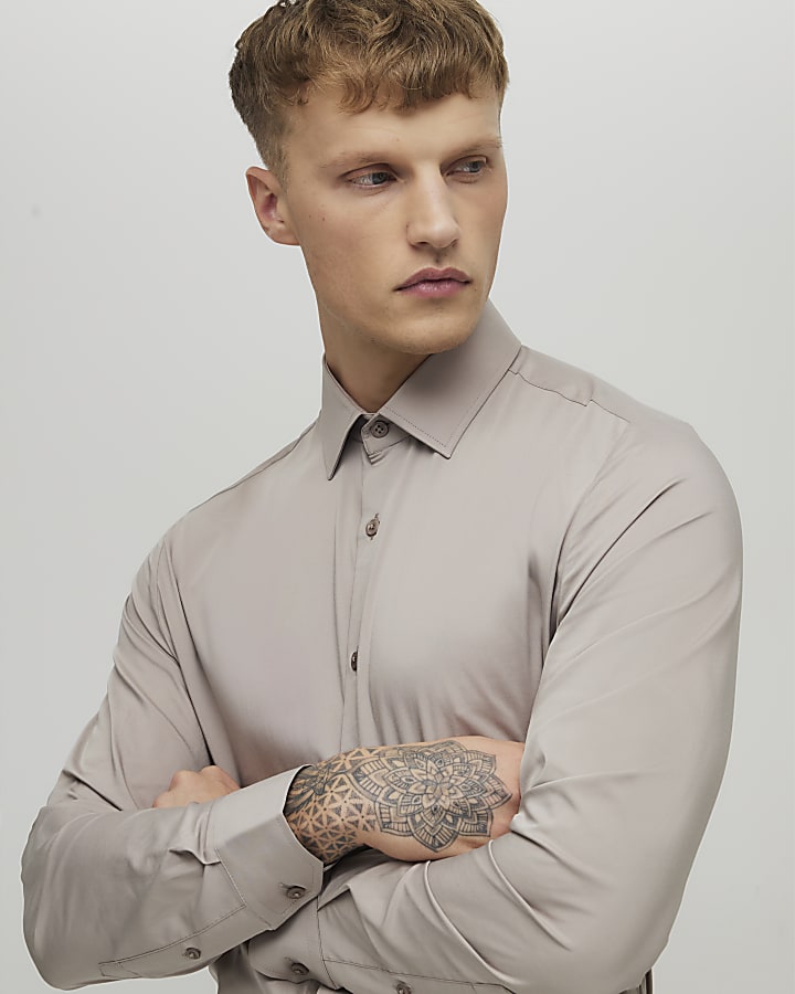 River Island Beige Muscle Fit Long Sleeve Shirt