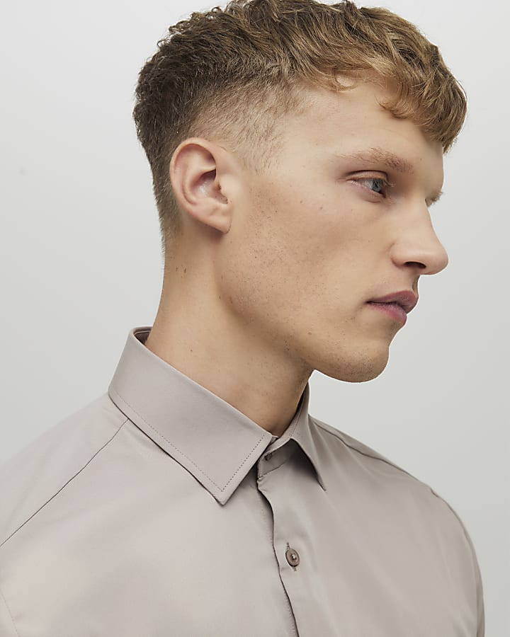 River Island Beige Muscle Fit Long Sleeve Shirt