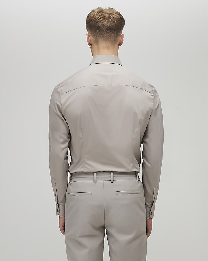 River Island Beige Muscle Fit Long Sleeve Shirt