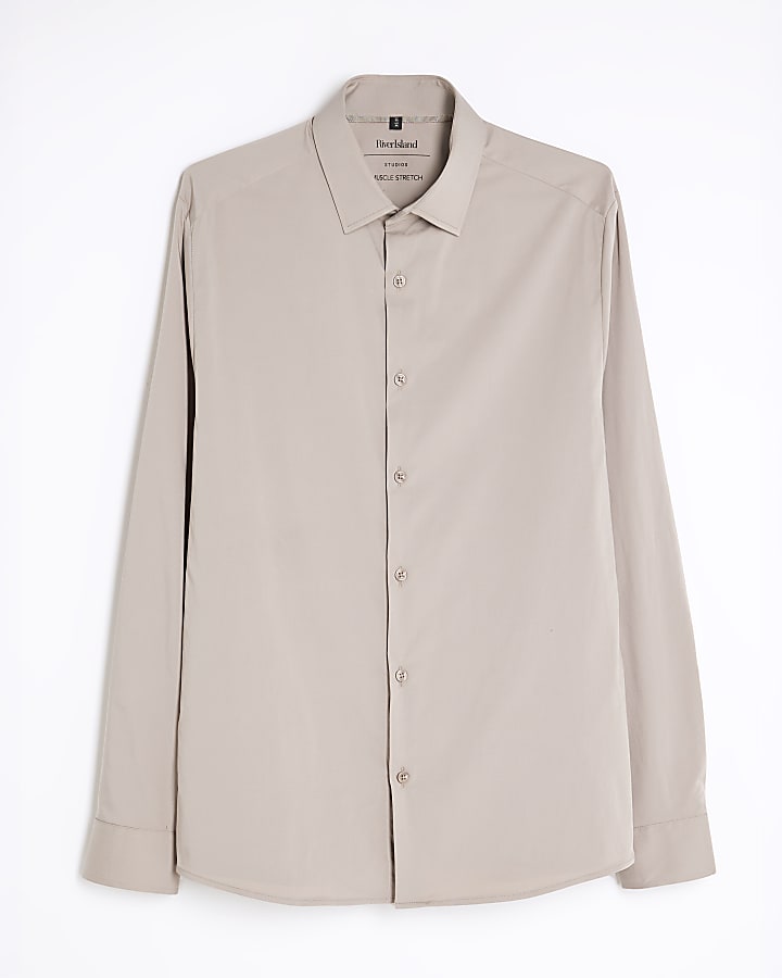 river island Beige Muscle Fit Long Sleeve Shirt