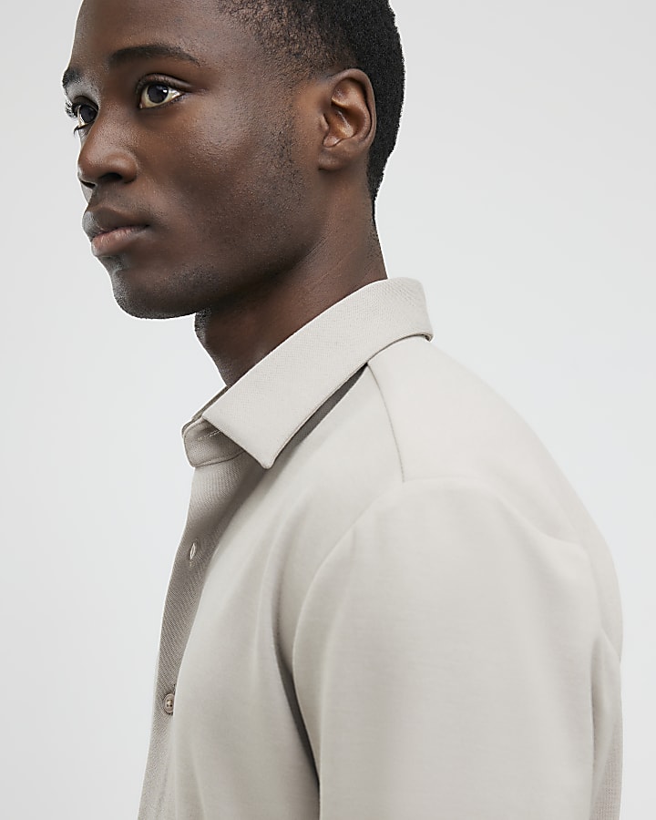 River Island Beige Muscle Fit Pique Casual Shirt