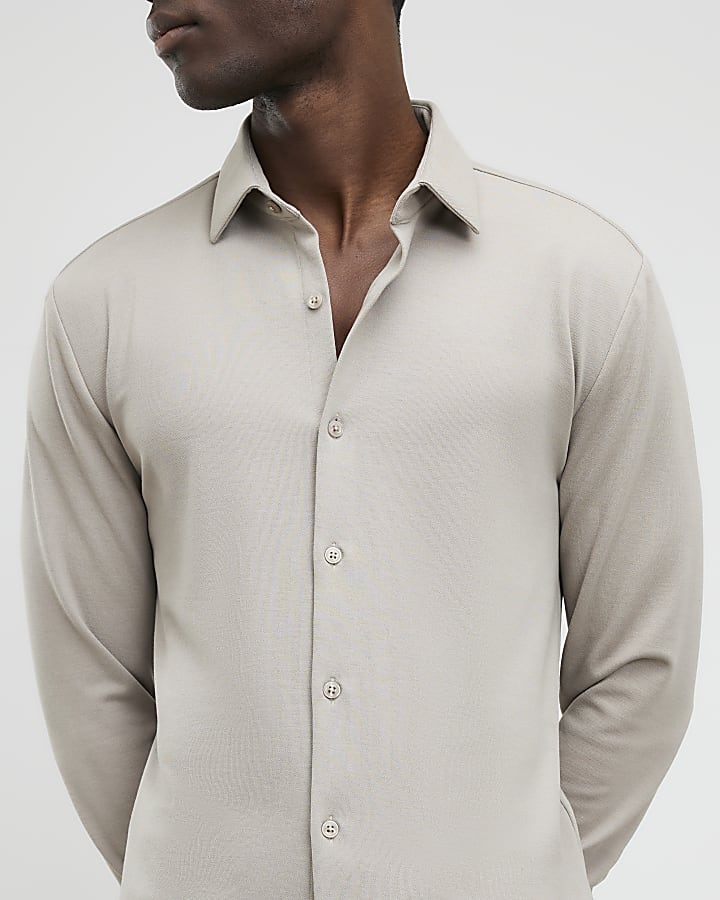 River Island Beige Muscle Fit Pique Casual Shirt