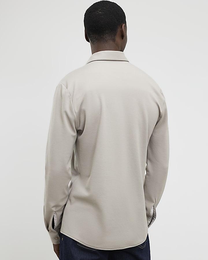 River Island Beige Muscle Fit Pique Casual Shirt