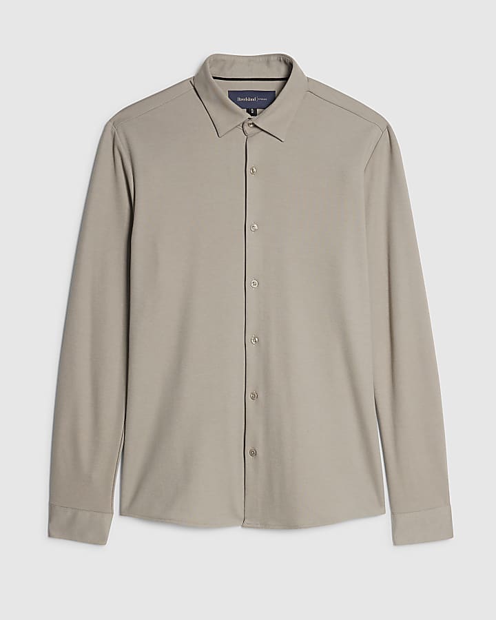 river island Beige Muscle Fit Pique Casual Shirt
