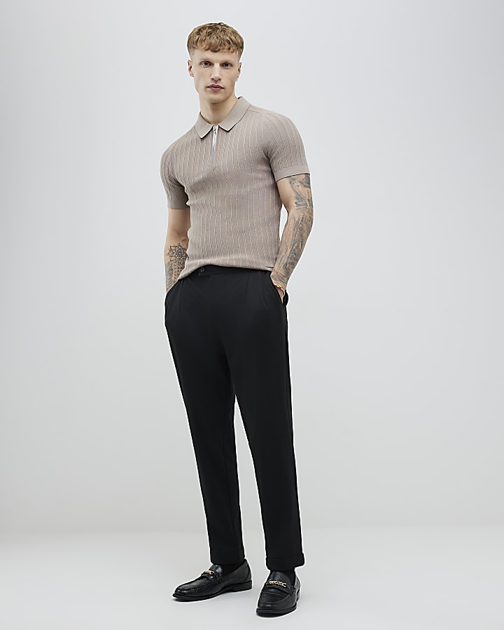 River Island Beige Muscle Fit Rib Polo Shirt