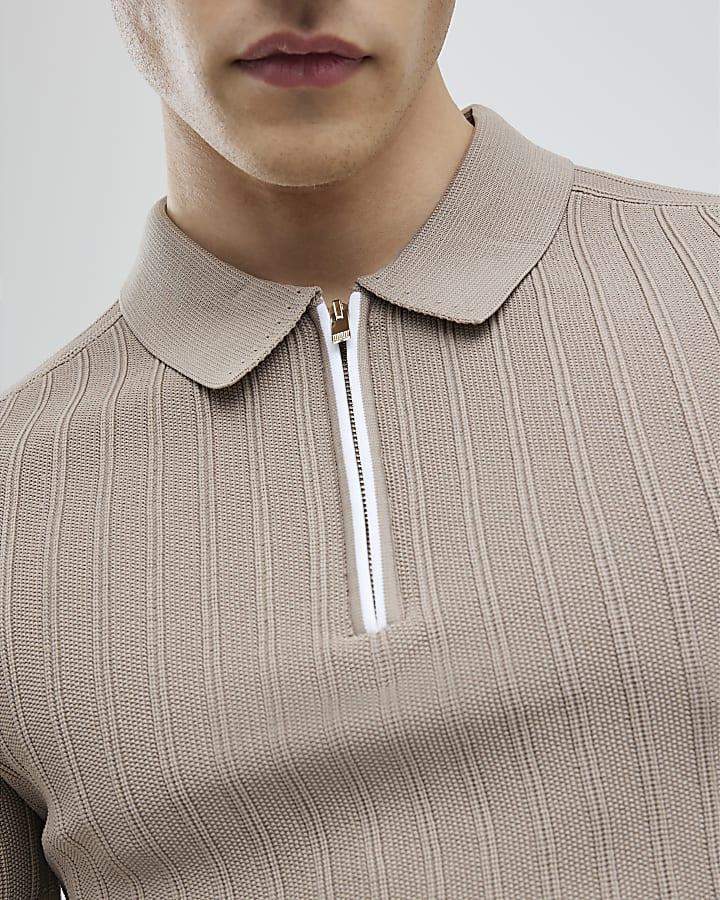 River Island Beige Muscle Fit Rib Polo Shirt