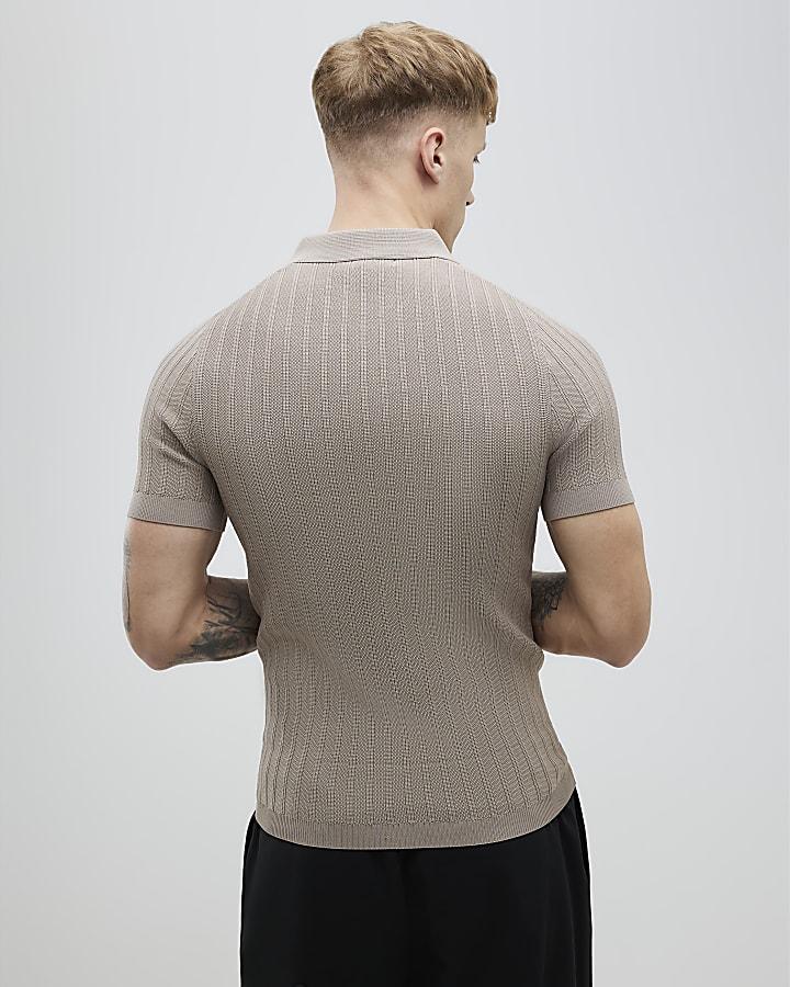 river island Beige Muscle Fit Rib Polo Shirt