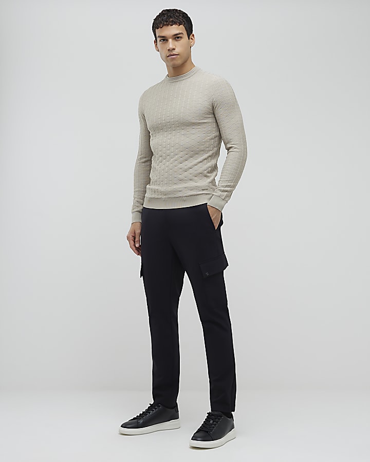 River Island Beige Muscle Fit Textured Jumper