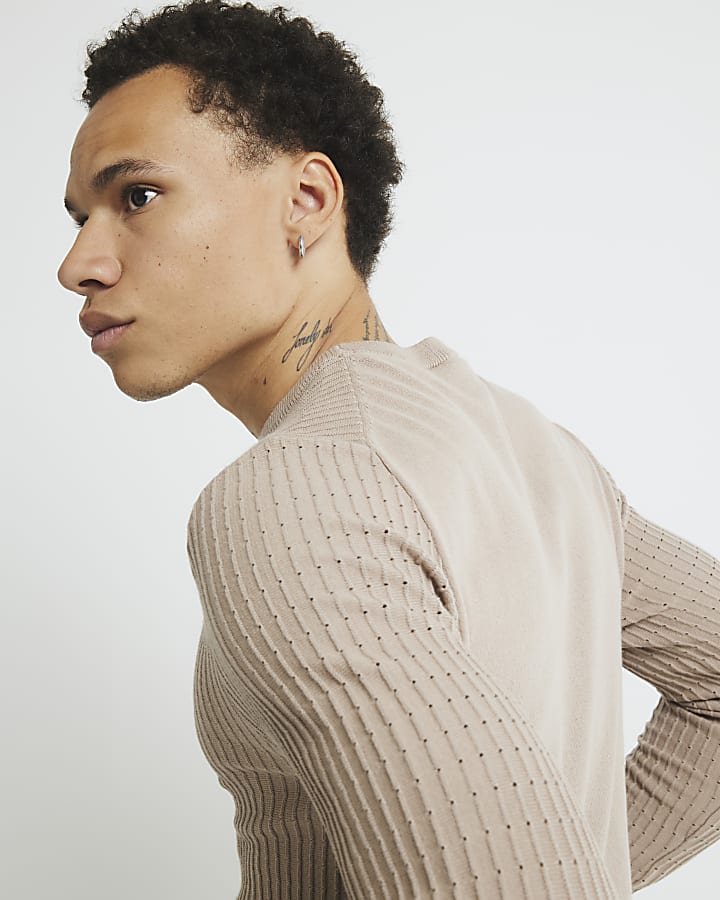 River Island Beige Muscle Fit Textured Jumper