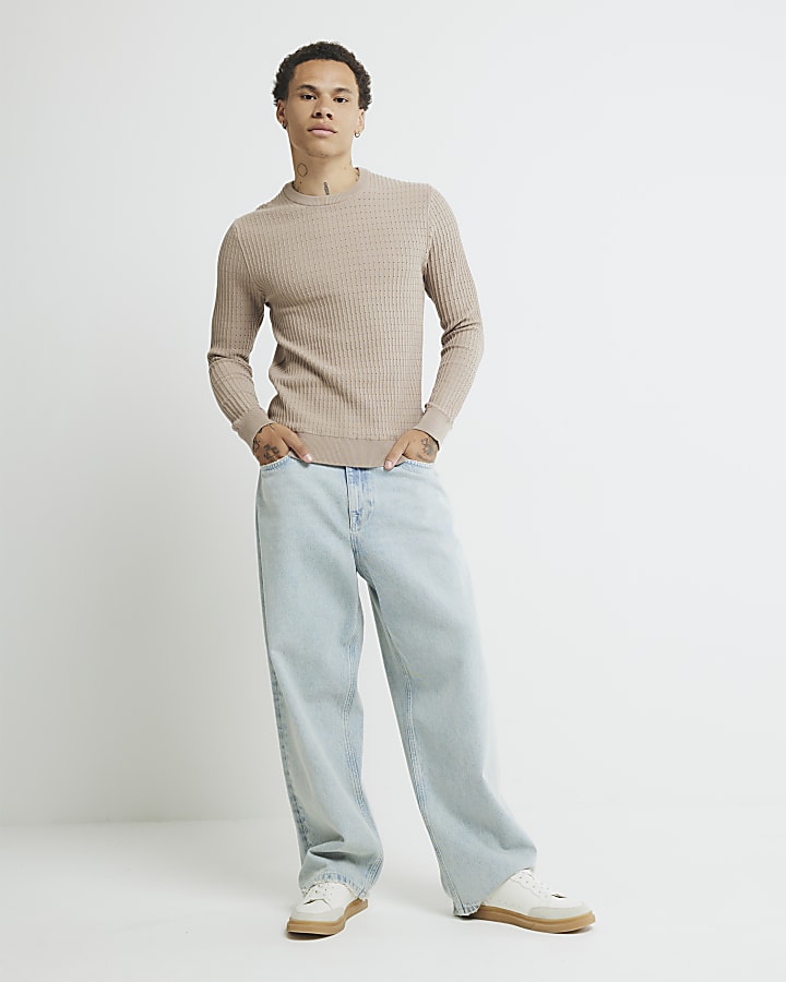 River Island Beige Muscle Fit Textured Jumper