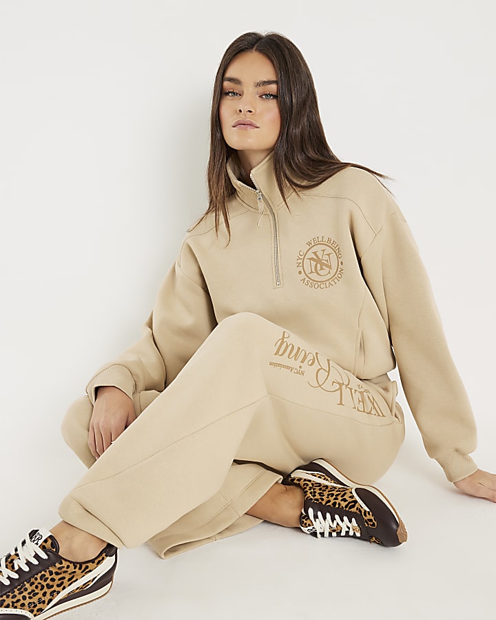River Island Beige NYC Wide Leg Joggers