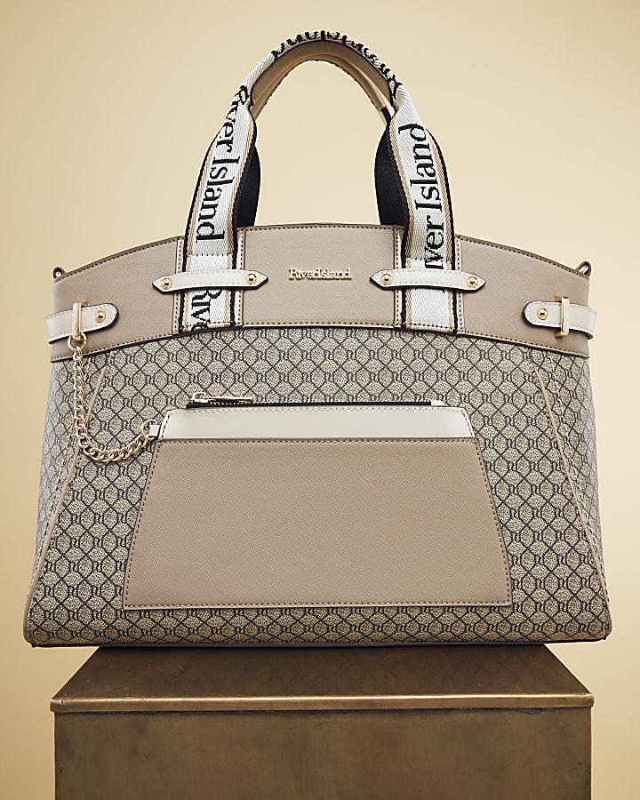 River Island Beige Panelled RI Handle Tote Bag