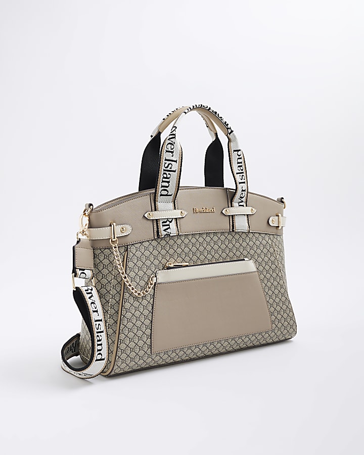 River Island Beige Panelled RI Handle Tote Bag