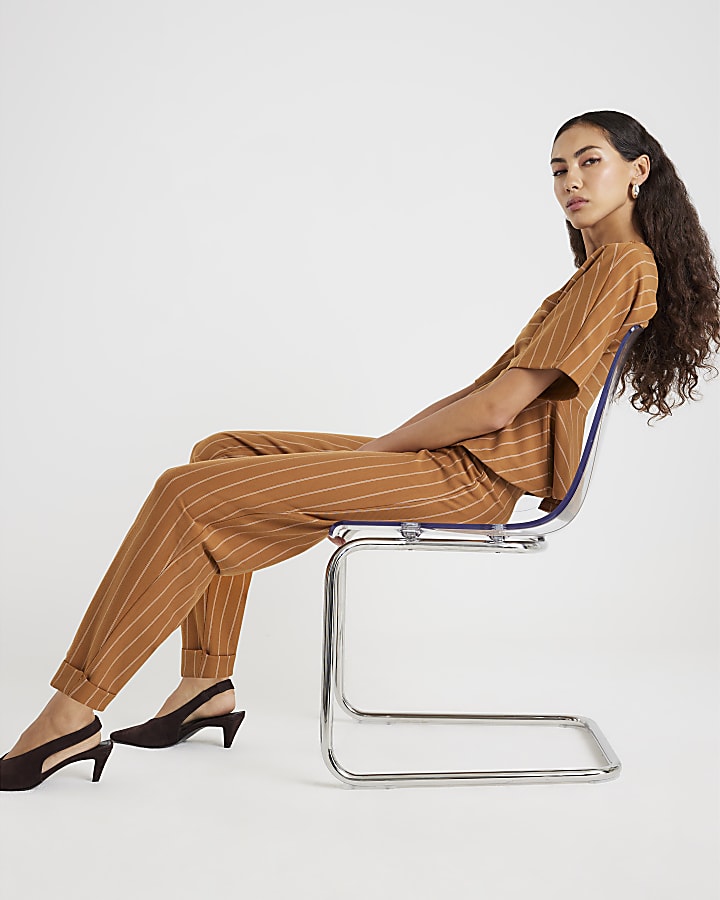 River Island Beige Pinstripe Tapered Trousers
