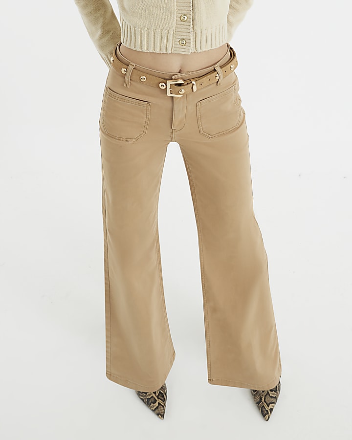 River Island Beige Pocket Front Wide Leg Jeans