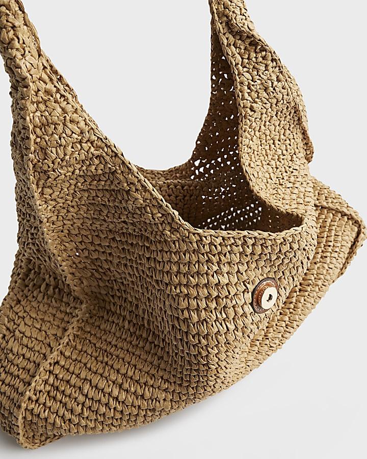 river island Beige Raffia Flap Front Shoulder Bag