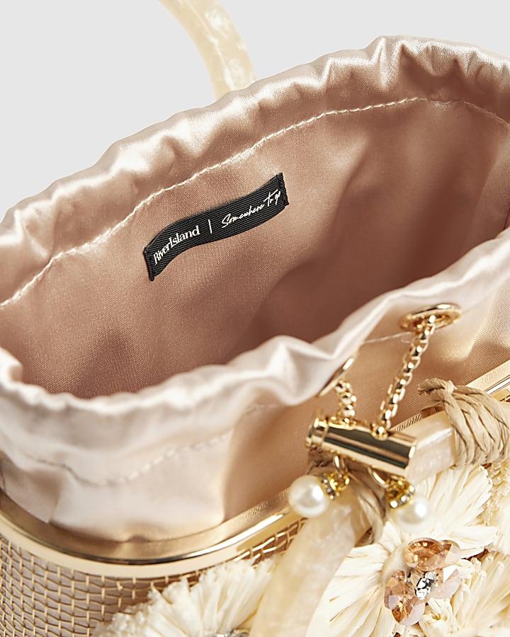 river island Beige Raffia Flower Basket Bag