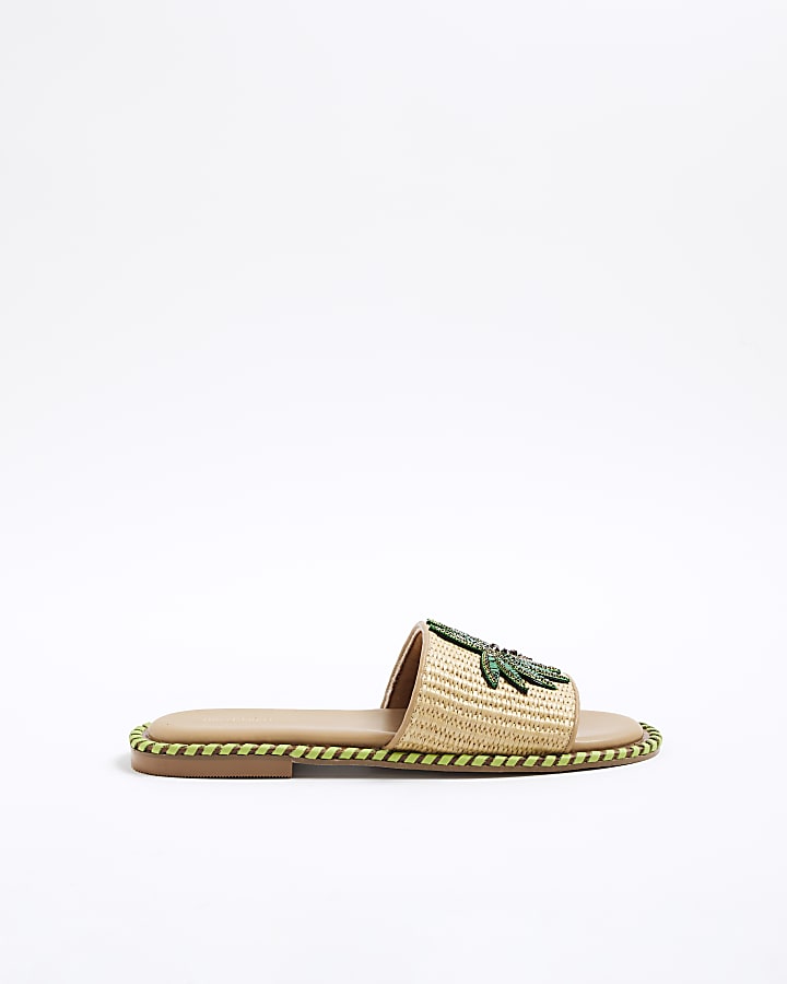 River Island Beige Raffia Palm Tree Flat Sandals