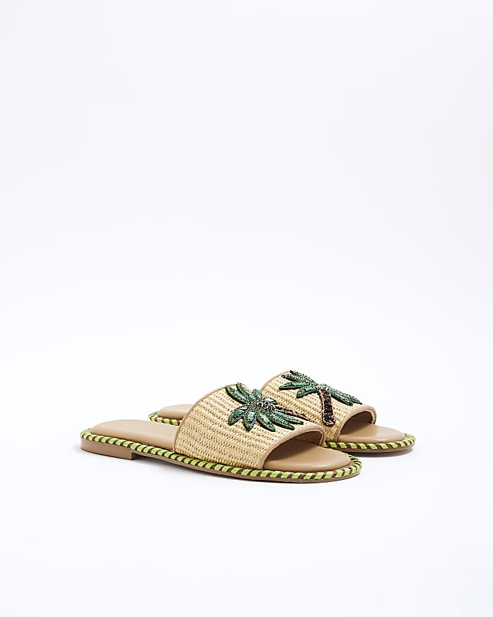 River Island Beige Raffia Palm Tree Flat Sandals