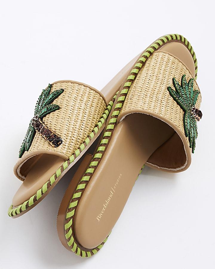 river island Beige Raffia Palm Tree Flat Sandals
