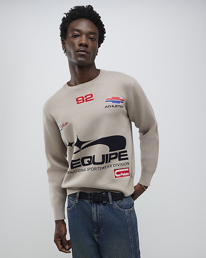 River Island Beige Regular Fit Motorsport Jumper