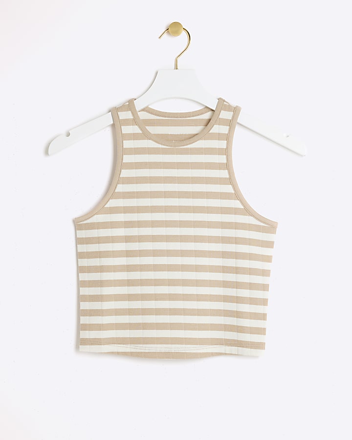 river island Beige ribbed stripe crop tank top