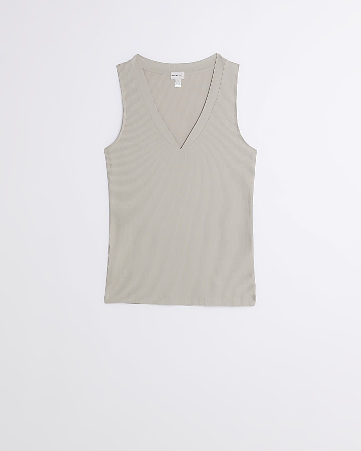 river island Beige ribbed v neck vest top
