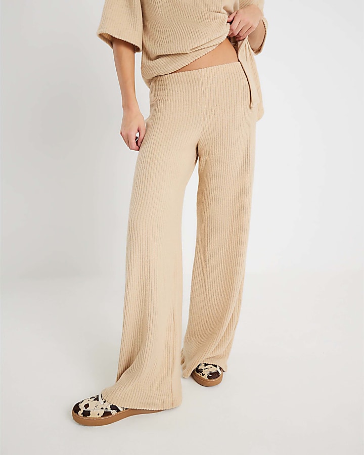 River Island Beige Ribbed Wide Leg Trousers