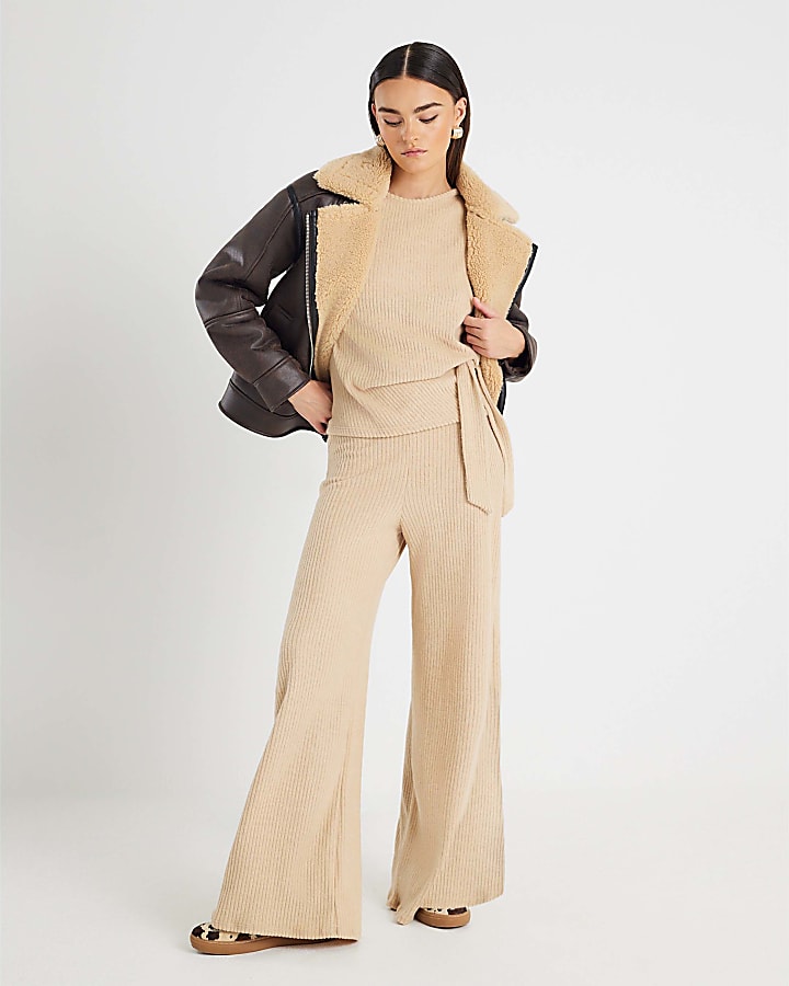 River Island Beige Ribbed Wide Leg Trousers