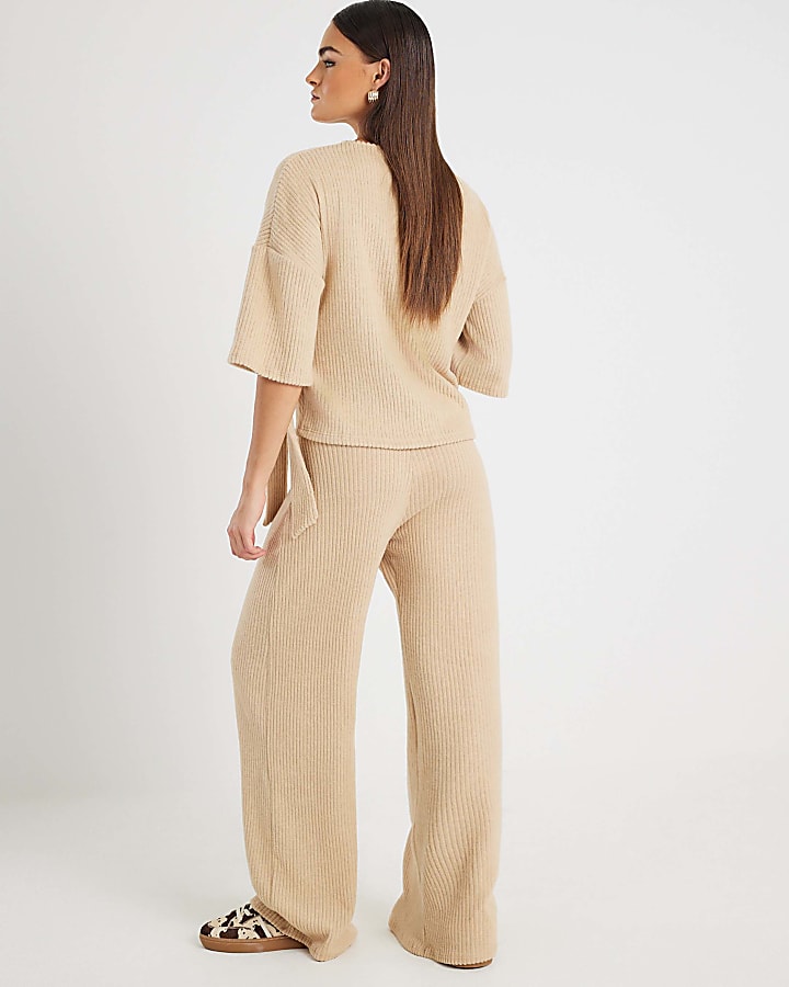 River Island Beige Ribbed Wide Leg Trousers